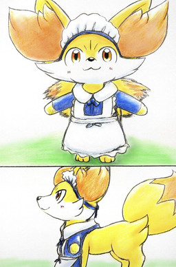 :3 ambiguous_gender blush blush_lines clothing feral fur inner_ear_fluff maid_uniform orange_body orange_eyes orange_fur paws solo tail tail_motion tailwag tuft uniform white_body white_fur yellow_body yellow_fur eiroru nintendo pokemon canid canine fennekin generation_6_pokemon mammal pokemon_(species) 2026 colored_pencil_(artwork) graphite_(artwork) hi_res traditional_media_(artwork)