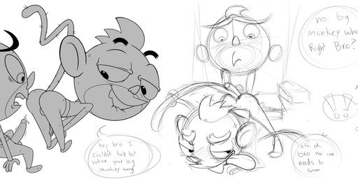 anthro anthro_on_anthro butt dialogue duo erection genitals humanoid_genitalia humanoid_penis male male/male penis speech_bubble text enookie rocket_monkeys gus_(rocket_monkeys) wally_(rocket_monkeys) haplorhine mammal monkey primate absurd_res english_text hi_res monochrome sketch brother_(lore) brothers_(lore) incest_(lore) sibling_(lore)