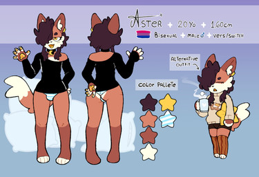 anthro biped bisexual_pride_colors brown_hair bulge choker clothing color_swatch femboy fluffy_ears hair jewelry lgbt_pride male male_anthro necklace pajamas piercing pride_colors smug smug_face solo text starlit_aster canid canine fox mammal english_text hi_res model_sheet