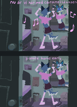 anthro arm_warmers armwear bed bedroom blue_body blue_fur clothed clothing crop_top crossdressing dancing detailed_background dialogue femboy fur furniture legwear male mirror mirror_reflection music pattern_clothing pattern_legwear pattern_thigh_highs pink_arm_warmers pink_armwear pink_clothing pink_crop_top pink_legwear pink_shirt pink_text pink_thigh_highs pink_topwear reflection shirt singing solo standing striped_clothing striped_legwear striped_thigh_highs stripes text thigh_highs topwear demensa caramelldansen emil_(demensa) canid canine canis coyote domestic_dog mammal 2025 comic digital_media_(artwork) english_text hi_res meme pixel_(artwork)