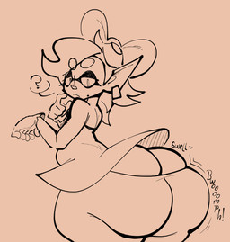 5_fingers bent_arm big_butt black_eyelids bottomwear butt butt_cleavage butt_expansion circle_eyebrows closed_frown clothed clothed_female clothed_humanoid clothing confusion ear_piercing ear_ring exclamation_point expansion eyebrow_through_hair eyebrows female female_humanoid fingers flat_chested frown fully_clothed fully_clothed_female fully_clothed_humanoid growth_lines hair handwear huge_butt huge_thighs humanoid_pointy_ears looking_at_own_butt medium_hair mole_under_eye mouth_closed onomatopoeia pants piercing pointy_ears pseudo_hair question_mark ring_piercing simple_background solo sound_effects standing swelling tan_background tan_bottomwear tan_clothing tan_dress tan_eyebrows tan_eyes tan_gloves tan_hair tan_handwear tan_pants tentacle_hair tentacles text thick_thighs three-quarter_view translucent translucent_hair fizzooka nintendo splatoon marie_(splatoon) cephalopod humanoid inkling marine mollusk 2024 digital_drawing_(artwork) digital_media_(artwork) english_description half-length_portrait portrait sketch