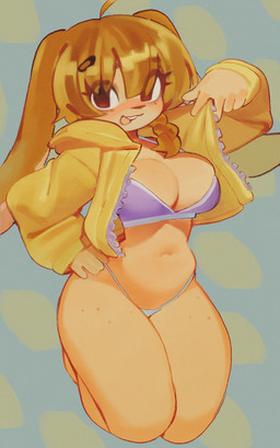 ahoge anthro bikini bra braided_hair breasts brown_eyes brown_hair cleavage clothed clothing cropped_jacket female hair hand_on_hip hand_on_own_hip highleg highleg_bikini highleg_swimwear jacket long_sleeves looking_at_viewer open_clothing open_jacket open_topwear organs purple_bikini purple_clothing purple_swimwear smile solo stomach swimwear topwear two-piece_swimsuit underwear gatoasti sunsoft waku_waku_7 arina_makihara lagomorph leporid mammal rabbit 2025 hi_res