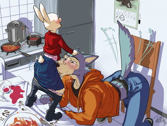 anthro appliance bottomwear bottomwear_down bulge canon_couple clothed clothed_sex clothing crossgender denim denim_bottomwear denim_clothing detailed_background detailed_bulge dominant dominant_gynomorph dominant_intersex duo eye_scar face_fucking facial_scar fellatio food footwear fridge ftg_crossgender fti_crossgender fur furgonomic_pants furgonomic_underwear furgonomics genital_outline grey_body grey_fur gynomorph gynomorph/male gynomorph_penetrating gynomorph_penetrating_male hoodie intersex intersex/male intersex_penetrating intersex_penetrating_male interspecies irrumatio jeans kitchen kitchen_appliance larger_penetrated larger_sub male male_penetrated oral pants pants_down partially_clothed penetration penile penis_in_mouth penis_outline precum_through_pants predator/prey scar sex shoes short_tail size_difference skirt small_top_big_bottom stove submissive tail tail_motion tailwag tongue tongue_out tongue_out_fellatio topwear underwear white_body white_fur l3ftbl4nk beastars haru_(beastars) legoshi_(beastars) canid canine canis lagomorph leporid mammal rabbit wolf hi_res