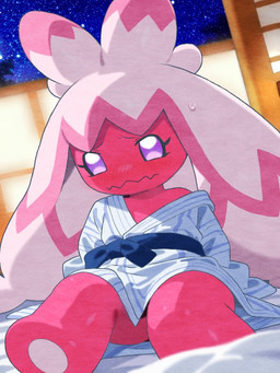 bathrobe blush blush_lines bodily_fluids clothed clothed_female clothed_humanoid clothing embarrassed eyelashes female female_humanoid hair long_eyelashes pink_body pink_hair purple_eyes robe sitting sky solo star starry_sky sweat pocklekorpokkur nintendo pokemon generation_9_pokemon humanoid pokemon_(species) tinkaton 2025 3:4