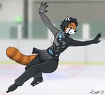 anthro black_bottomwear black_clothing black_markings black_pants black_topwear bottomwear brown_eyes clothed clothing fur glistening glistening_eyes grey_clothing grey_topwear ice_skates looking_at_viewer male markings mouth_closed narrowed_eyes orange_body orange_fur pants solo topwear whiskers white_body white_fur riddlr ailurid mammal red_panda absurd_res hi_res signature