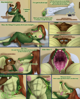 alcohol anthro beer beverage beverage_can big_breasts big_butt blue_eyes bodily_fluids breasts brown_eyes butt color_coded_text duo face_to_face female genitals hair larger_female looking_at_another looking_at_partner male male/female mouth_shot muscular natural_colors nude open_mouth orange_hair organs profanity pupils romantic saliva sharp_teeth size_difference slit_pupils smaller_male tears teeth text uvula vore vulva flightlesslizard mick_(flightlesslizard) riley_(flightlesslizard) alligator alligatorid crocodilian mammal mustelid otter reptile scalie absurd_res comic english_text hi_res