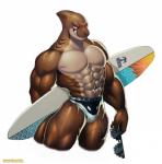 abs anthro biceps big_muscles brown_body brown_skin bulge clothed clothing eyewear facial_scar gills glasses holding_eyewear holding_glasses holding_object huge_muscles looking_at_viewer male muscular muscular_anthro muscular_male pecs red_eyes scar sharp_teeth simple_background skimpy smile solo speedo standing surfboard swimwear teeth topless vehicle watercraft white_background wolfmalro deal_with_it fish marine shark absurd_res hi_res portrait three-quarter_portrait