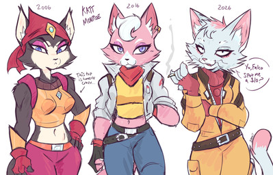 alternate_form anthro belt black_body black_fur blue_eyes breasts cigarette clothing crop_top ear_piercing ear_ring female fingerless_gloves fur gloves group hand_on_hip handwear headgear headkerchief headwear inner_ear_fluff jumpsuit kerchief midriff navel neckerchief neckwear piercing pink_body pink_fur ring_piercing shirt smile smoking square_crossover sweater topwear trio tuft turtleneck whiskers white_body white_fur year beezii nintendo star_fox star_fox_(2026) katt_monroe domestic_cat felid feline felis mammal 2026 absurd_res hi_res
