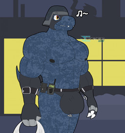 anthro anthrofied armor bulge claws clothing detailed_bulge electronics headgear helmet male muscular muscular_anthro muscular_male nipples pecs solo thong underwear walkie-talkie whistling chronotheufo bandai_namco digimon commandramon digimon_(species) scalie hi_res