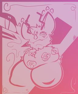 abstract_background anthro bat_nose big_breasts breasts dewlap_(anatomy) female flower flower_in_dewlap hair horn huge_breasts looking_at_viewer multi_eye nipples plant short_hair smile smiling_at_viewer conditional_dnp lodi_(artist) european_mythology mythology bat dragon hybrid mammal mythological_creature mythological_scalie scalie western_dragon wyvern 5:6 absurd_res hi_res restricted_palette signature gynomorph_(lore)