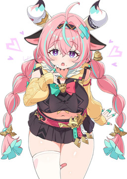 2_horns animal_ears armwear big_breasts black_bottomwear black_clothing black_skirt blush bottomwear braided_pigtails breasts clothing detached_sleeves female hair horn legwear light_body light_skin midriff navel open_mouth pink_hair shirt simple_background skirt solo thigh_highs topwear white_background kamuraaa_615 genshin_impact mihoyo varesa_(genshin_impact) animal_humanoid bovid bovid_humanoid bovine bovine_humanoid cattle_humanoid humanoid mammal mammal_humanoid half-length_portrait hi_res portrait