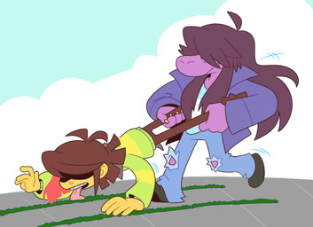 anthro blue_sky bottomwear brown_hair clothing denim denim_bottomwear denim_clothing female freckles hair jeans licking male moss outside pants plant purple_body sky tongue tongue_out yellow_body yellow_skin akanemnon deltarune undertale_(series) kris_(deltarune) susie_(deltarune) human mammal scalie 2023