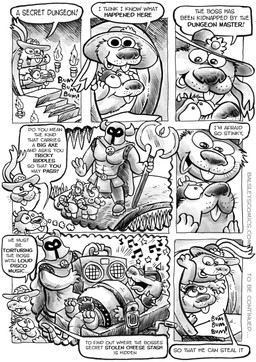 3_toes anthro armor axe bound clothing dialogue feet group hat headgear headwear helmet lying male music overweight overweight_male text toes worried jwbalsley boss_rat chester_the_rat stinky_the_rat mammal murid murine rat rodent 2026 absurd_res comic english_description english_text hi_res monochrome