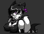 ahoge angry anthro arm_tuft armwear bangs bar_emanata bared_teeth black_armwear black_body black_clothing black_ears black_fur black_hair black_inner_ear black_nose black_tail_tip black_topwear black_tuft breast_jiggle breasts chest_tuft cleavage clenched_teeth clothed clothing constricted_pupils dipstick_tail emanata eyebrow_through_hair eyebrows eyelashes facial_markings female female_anthro fluffy fluffy_tail fur glistening glistening_armwear glistening_clothing glistening_hair grey_background hair head_markings jiggling latex latex_armwear latex_clothing long_bangs long_tail looking_away looking_up markings motion_lines motion_outline multicolored_body multicolored_fur nipple_outline nipples pupils purple_eyes short_hair shoulder_tuft simple_background sleeveless small_pupils snarling snout solo swept_bangs tail tail_markings tail_tuft teeth three-quarter_view tight_clothing tight_topwear topwear translucent translucent_hair tuft white_body white_fur spazman vera_wright canid canine fox mammal marble_fox red_fox true_fox 2021 aliasing binary_drawing colored digital_drawing_(artwork) digital_media_(artwork) half-length_portrait portrait shaded