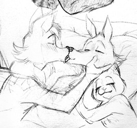 after_sex anthro bed blush blush_lines caressing caressing_cheek caressing_face cheek_tuft cuddling eye_contact eyes_closed facial_tuft fluffy french_kissing furniture fuzzy group half-closed_eyes happy head_tuft kissing larger_male looking_at_another looking_at_partner lying makeup male male/male narrowed_eyes neck_tuft on_back on_bed running_makeup simple_background size_difference smaller_male smile tongue tongue_out trio tuft white_background ranranparadoxx dreamworks puss_in_boots_(franchise) death_(puss_in_boots) puss_in_boots_(dreamworks) teemo_the_yiffer canid canine canis domestic_cat felid feline felis mammal wolf monochrome sketch traditional_media_(artwork)