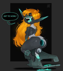 after_anal after_sex anus armor balls bodily_fluids breasts butt clothing crossgender dripping ftg_crossgender fti_crossgender fused_shadow gaping gaping_anus genital_fluids genitals gynomorph hair half-closed_eyes headgear headwear helmet intersex licking_teeth long_hair looking_at_viewer looking_back looking_back_at_viewer multicolored_body narrowed_eyes not_furry nude nude_gynomorph nude_intersex orange_hair penis red_eyes sitting solo speech_bubble text tongue tongue_out lewdstuffart nintendo the_legend_of_zelda twilight_princess midna humanoid twili english_text hi_res