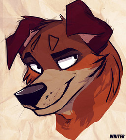 ambiguous_gender black_nose brown_body brown_ears brown_fur cheek_tuft closed_smile facial_tuft feral floppy_ears fur head_tuft looking_aside mouth_closed narrowed_eyes orange_body orange_fur simple_background smile solo tan_body tan_fur text tuft unknowhiter canid canine canis domestic_dog mammal 2015 artist_name headshot_portrait portrait