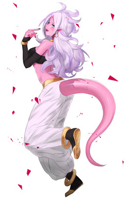 anklet arm_warmers armwear black_nails blue_eyes bracelet breasts butt butt_pose clothing colored_nails ear_piercing fangs female gold_(metal) gold_jewelry hair humanoid_pointy_ears jewelry long_hair looking_at_viewer nails neck_ring not_furry open_mouth piercing pink_body pink_skin pink_tail pointy_ears pose raised_leg sharp_teeth simple_background solo tail teeth tongue white_background white_hair yuzumaru_(yosshy1831) dragon_ball dragon_ball_fighterz android_21 majin_android_21 alien alien_humanoid humanoid majin 2018 absurd_res hi_res