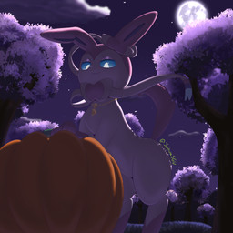 blue_eyes blue_inner_ear bow_(anatomy) cherry_blossom cherry_tree cloud detailed_background female feral flower food fruit fruit_tree fur hair_bow_(anatomy) holidays japanese_garden jewelry leg_markings markings monotone_tail moon multicolored_body multicolored_fur neck_bow_(anatomy) necklace night pink_body pink_ears pink_fur pink_tail plant prunus_(flower) pumpkin ribbons_(anatomy) socks_(marking) solo tail tree two_tone_body two_tone_fur white_body white_fur joshuas halloween nintendo pokemon cora_(joshuas) eeveelution generation_6_pokemon pokemon_(species) sylveon 1:1 2025 digital_drawing_(artwork) digital_media_(artwork) hi_res