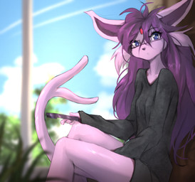 anthro anthrofied biped black_clothing black_topwear blue_sky blurred_background breasts clothed clothed_anthro clothed_female clothing cloud day electronics eyebrow_through_hair eyebrows eyewear female fingers forehead_gem forked_tail fur gem glasses hair holding_object holding_phone long_hair looking_at_viewer outside phone pokemorph purple_hair purple_inner_ear sitting sky slim solo tail teeth topwear translucent translucent_hair unusual_anatomy unusual_tail white_sclera tinygaypirate nintendo pokemon eeveelution espeon generation_2_pokemon pokemon_(species) 2026 absurd_res digital_drawing_(artwork) digital_media_(artwork) hi_res