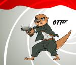 3_toes 4_fingers abstract_background anthro belt biped blue_eyes bottomwear clothed clothing eyebrows feet fingers frown gun handgun humor pants pistol ranged_weapon shirt solo standing text toes topwear weapon zaush 007 james_bond mammal mustelid otter 2016 digital_media_(artwork) english_text