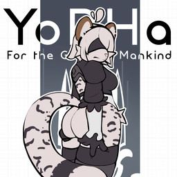 alternate_species anthro blindfold butt butt_grab female fur furrification hand_on_butt markings raised_tail solo spots spotted_body spotted_fur tail text sonadotgreen nier nier_automata platinumgames yorha_2b felid mammal pantherine snow_leopard 1:1 absurd_res hi_res