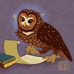 1:1 avian bird book brown_body brown_eyes brown_feathers claws feathers female feral guardians_of_ga'hoole hi_res kabuki-aku otulissa owl solo spotted_owl strix_(genus) toe_claws true_owl writing_text