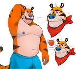 anthro armpit_hair barazoku biceps blue_bottomwear blue_clothing blue_nipples blue_nose blue_shorts body_hair bottomwear clothed clothing hand_behind_head male manly mascot mature_male musclegut muscular navel nipples open_mouth peach_emoji pecs red_scar scar shorts shorts_only simple_background slightly_chubby smile solo speech_bubble standing topless white_background yellow_sclera zcdartz frosted_flakes kellogg's tony_the_tiger felid mammal pantherine tiger 2023 hi_res