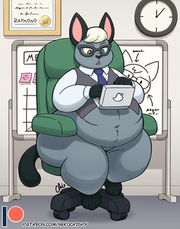 anthro belly big_belly black_nose blonde_hair bottomless chair clock clothed clothing computer diploma electronics eyewear fur furniture glasses green_eyes grey_body grey_fur hair heterochromia inside jacket laptop looking_down male navel necktie obese obese_anthro obese_male overweight overweight_anthro overweight_male shirt solo thick_thighs topwear wide_hips yellow_eyes nekocrispy animal_crossing nintendo raymond_(animal_crossing) domestic_cat felid feline felis mammal
