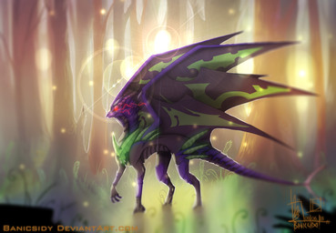 ambiguous_gender backlighting blurred_foreground bright claws detailed_background energy feathers feral foreground_silhouette forest glowing glowing_eyes green_body green_feathers head_spikes horn lens_flare light lights long_neck membrane_(anatomy) membranous_wings outline plant purple_body purple_scales red_eyes scales side_view snout soft_focus solo spikes spikes_(anatomy) spread_wings standing tail tree unusual_anatomy unusual_wings ventral_scales wing_claws wings banicsidy european_mythology mythology ambient_arthropod ambient_firefly ambient_insect arthropod dragon mythological_creature mythological_scalie scalie western_dragon 2018 digital_media_(artwork) hi_res lighting