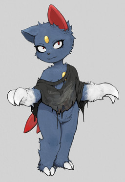 anthro black_clothing black_nose black_topwear blue_body blue_fur bottomless chest_gem claws clothed clothing crotch_tuft eyelashes fangs female forehead_gem front_view fur gem gloves_(marking) grey_background looking_at_viewer markings pokemorph red_eyes simple_background solo teeth topwear torn_clothing torn_topwear tuft white_claws plinkgrn nintendo pokemon generation_2_pokemon pokemon_(species) sneasel hi_res