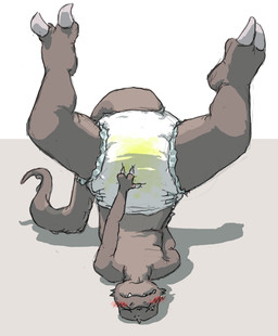 2_toes 3_fingers anthro biped blush bodily_fluids claws clothed clothing diaper feet fingers genital_fluids male simple_background solo toe_claws toes unclean_diaper upside_down urine used_diaper wearing_diaper wet_diaper crackajackin lizard reptile scalie 2010 digital_media_(artwork)