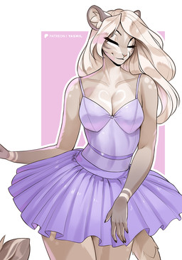 anthro biped breasts cleavage clothed clothed_anthro clothed_female clothing dress eyelashes eyes_closed female front_view fully_clothed fully_clothed_anthro fully_clothed_female hair inner_ear_fluff long_hair long_tail purple_clothing purple_dress smile solo tail tuft white_hair yasmil jasmine_(airheart) felid lion mammal pantherine hi_res