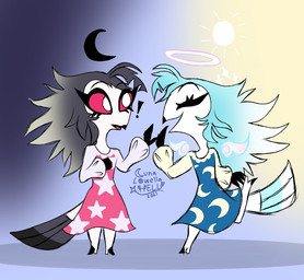 anthro beak black_body black_feathers black_hair blue_body blue_feathers blue_hair clothing disembodied_wings dress duo exclamation_point feathers floating_wings gradient_hair hair halo moon red_sclera standing sun unusual_anatomy unusual_wings white_eyes wings young 5starxluna hellaverse helluva_boss octavia_(helluva_boss) angel avian bird cherub demon owl owl_demon colored