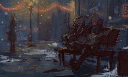 acoustic_guitar ambiguous_gender anthro clothed clothing duo guitar male musical_instrument open_mouth outside plucked_string_instrument sitting smile snow string_instrument tsukinori canid canine felid mammal sketch