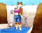 anthro clothed clothing dam female macro partially_submerged pink_nose shirt solo tail tank_top topwear water whistling yellow_sclera brian_reynolds felid mammal pantherine tiger