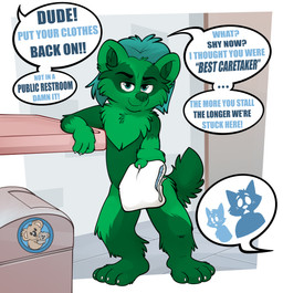 4_fingers 4_toes abdl adult_baby ageplay ambiguous_gender anthro bathroom black_eyebrows blush blush_lines caretaker changing_station cheek_tuft chest_tuft claws closed_smile convenient_censorship cutaway detailed_background dialogue diaper diaper_change diaper_change_request diaper_fetish embarrassed exasperated eyebrows facial_markings facial_tuft feet feral finger_claws fingers first_person_view floor fluffy fluffy_tail fur fur_markings fur_tuft furry_tail glistening glistening_eyes green_arms green_body green_ears green_face green_feet green_fur green_hands green_inner_ear green_inner_ear_fluff green_legs green_markings green_nose green_snout green_tail green_tuft grey_floor group hair handpaw head_markings hindpaw holding_diaper iconography infantilism inner_ear_fluff inside logo looking_at_another male markings mischievous mischievous_smile mouth_closed nude nude_anthro nude_male offscreen_character paws plantigrade public public_nudity public_restroom raised_eyebrows reaching_out reaching_towards_another restroom_stall roleplay shocked silhouette silhouetted_body slicked_back_hair smile smug smug_face speech_bubble tail teal_eyes teal_hair text tile tile_floor tile_wall toe_claws toes touching_diaper trash_can tuft wall_(structure) white_claws white_finger_claws white_toe_claws white_wall smokeyaussie ambiguous_character tacoma_adams ambiguous_species badger koala mammal marsupial mustelid musteline vombatiform absurd_res censored colored digital_drawing_(artwork) digital_media_(artwork) english_text hi_res