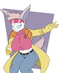 anthro anthrofied big_breasts blue_eyes breasts cosplay eyewear female fur glasses pink_body pink_fur pokemorph simple_background solo thick_thighs white_body white_fur coffee_demon marvel nintendo pokemon x-men jubilee_(marvel) eeveelution generation_6_pokemon pokemon_(species) sylveon absurd_res hi_res