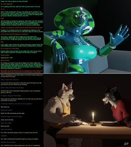 anthro bowl candle candlelight chair clothed clothed_anthro clothed_female clothed_male clothing container cutlery dialogue duo female first_person_view furniture green_clothing green_topwear holding_spoon kitchen_utensils light lit_candle male mind_control open_mouth page_number red_clothing red_topwear sitting smile smiling_at_viewer solo spoon table text tongue tongue_out tools topwear thalarynth petruz_(modeler) cobra_(petruz) jared_(thalarynth) kathy_(thalarynth) keith_(thalarynth) wolf_(petruz) canid canine canis cobra mammal reptile scalie snake wolf 2023 3d_(artwork) digital_media_(artwork) english_text hi_res
