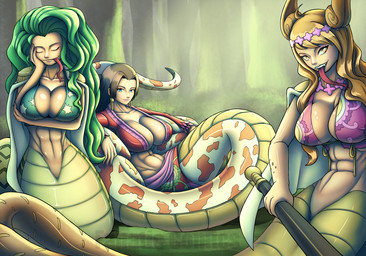 abs apode breasts cleavage clothed clothing female green_hair group hair legless long_hair looking_at_viewer serpentine split_form tongue tongue_out weapon fanatic_comics one_piece boa_hancock boa_marigold boa_sandersonia anaconda animal_humanoid boa_(snake) boinae cobra draconcopode elapid_(snake) humanoid king_cobra lamia reptile reptile_humanoid scalie scalie_humanoid snake snake_humanoid