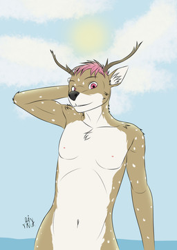 anthro brown_body cloud fur hair horn male navel nipples nude nude_male pink_eyes pink_hair pose sea solo standing sun water dintrick deer mammal absurd_res hi_res
