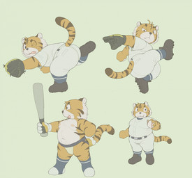 4_fingers :3 :< accessory anthro ball baseball_(ball) baseball_(sport) baseball_glove baseball_uniform belly belt bent_over big_butt big_eyes black_belt black_body black_clothing black_eyes black_footwear black_fur black_gloves black_handwear black_nose black_shoes black_socks black_stripes body_hair bottomwear bulge butt catching claws closed_frown closed_smile clothed clothing collared_shirt deep_navel denim denim_bottomwear denim_clothing dress_shirt eyebrows fangs finger_claws fingers footwear frown fully_clothed fur furgonomics gloves hair hand_on_hip handwear happy happy_trail holding_ball holding_baseball_bat holding_object jeans jockstrap jumping looking_at_viewer male moobs mouth_closed multicolored_body multicolored_fur navel nipples no_pupils on_one_leg one_eye_closed open_mouth open_smile orange_body orange_fur overweight overweight_anthro overweight_male pants pink_nipples pink_tongue raised_tail shirt short simple_background smile snout socks solo sport sportswear standing striped_body striped_fur stripes tail tail_accessory tail_clothing tailband tan_background teeth thick_thighs tongue topless topwear underwear uniform white_body white_bottomwear white_clothing white_dress_shirt white_fur white_hair white_jeans white_pants white_shirt white_topwear white_wristband wide_stance cafongterua felid mammal pantherine tiger 2025 digital_media_(artwork) flat_colors hi_res multiple_images