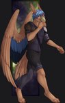 4_toes 5_fingers anthro beak blue_eyes blue_hair clothed clothing digitigrade eyebrows eyelashes feet fingers hair looking_at_viewer male solo standing toes archery_(artist) mythology avian gryphon mythological_avian mythological_creature 2020 digital_media_(artwork)