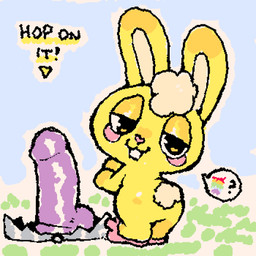 :3 ambiguous_anthro ambiguous_gender anthro bear_trap bedroom_eyes biped black_eyes black_text blush blush_stickers buckteeth butt closed_smile clothing cotton_tail dialogue dildo directional_arrow exclamation_point featureless_butt featureless_hands footwear footwear_only head_turned imminent_danger imminent_pain looking_at_viewer looking_back looking_back_at_viewer mostly_nude mostly_nude_ambiguous mostly_nude_anthro mouth_closed narrowed_eyes no_pupils pink_blush pink_clothing pink_footwear pink_nose pink_slippers question_mark rainbow seductive sex_toy shoes slippers slippers_only smile solo speech_bubble squigglevision standing teeth text trap_(contrivance) white_sclera yellow_body ligma_(artist) happy_tree_friends cuddles_(htf) lagomorph leporid mammal rabbit 1:1 2026 animated archived_source digital_drawing_(artwork) digital_media_(artwork) english_text handwritten_text pictographics wigglypaint_(artwork)