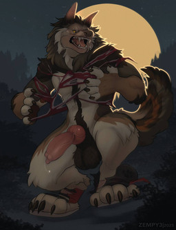 4_toes 5_fingers abs animal_genitalia animal_penis anthro arm_tuft backlighting balls big_balls big_penis biped black_claws black_lips bodily_fluids body_hair brown_body brown_fur brown_pawpads canine_genitalia canine_penis cheek_tuft claws clothed clothing clothing_scraps crouching destroyed_clothing digitigrade dipstick_fingers ejaculation elbow_tuft erection facial_tuft fangs feet finger_claws fingers fluffy fluffy_fur fluffy_tail footwear forest full_moon fur fur_growth genital_fluids genitals growth happy_trail head_tuft human_to_anthro knot knotted_penis leaking_precum light lips low-angle_view male mane mid_transformation moon moonlight multicolored_body multicolored_fur muscular muscular_anthro muscular_male neck_tuft night open_mouth outside pantsless pantsless_anthro pantsless_male pawpads paws penis plant precum saliva sharp_teeth shirt shoes sky snout snout_growth solo species_transformation star starry_sky tail tan_body tan_fur tearing_clothing tearing_own_clothing teeth text toe_claws toes tongue topwear torn_clothing torn_shirt torn_shoes torn_topwear transformation tree tuft vein veiny_penis yellow_eyes yellow_moon zempy3 mythology sam_(dre3mrr) canid canine mammal mythological_canine mythological_creature werecanid werecanine werecreature werewolf 2025 artist_name hi_res lighting shaded