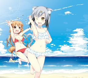 beach bikini breasts brown_eyes brown_hair choker clothing cloud cross detailed_background duo fangs female frilly front-tie_top grey_hair hair inflatable jewelry lens_flare long_hair midriff navel necklace one_eye_closed open_mouth outside pendant pool_toy ruffled_bikini ruffled_swimsuit sand seaside short_hair sky smile swim_ring swimwear teeth thigh_gap two-piece_swimsuit yellow_eyes inumine_aya animal_humanoid canid canid_humanoid canine canine_humanoid canis humanoid mammal mammal_humanoid wolf wolf_humanoid