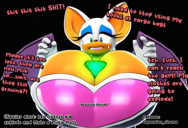 5_fingers anthro between_breasts big_breasts bodily_fluids breast_expansion breast_focus breasts chaos_emerald dialogue emerald_(gem) expansion female fingers front_view gem glowing huge_breasts hyper hyper_breasts looking_down membrane_(anatomy) membranous_wings profanity solo sound_effects straining_clothing sweat sweatdrop talking_to_self text wings worried_look expansion_cinema sega sonic_the_hedgehog_(series) rouge_the_bat bat mammal 2025 3d_(artwork) digital_media_(artwork) english_text hi_res