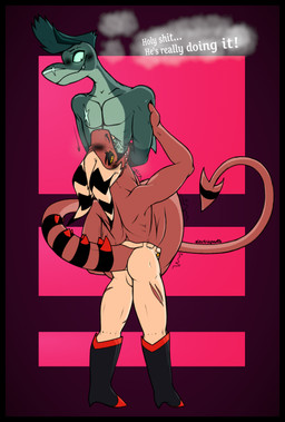 abdominal_bulge anthro bdsm belly belly_expansion big_belly black_border blush bodily_fluids bondage boots border bottomwear bound breath bulge butt clothed clothing colored_nails dripping duo expansion facial_hair fangs fin footwear glowing glowing_eyes hair hand_on_arm hand_on_belly horn looking_at_another looking_down male male/male markings muscular muscular_male mustache nails neck_bulge oral_vore pants partially_clothed rear_view restraints rope rope_bondage rumbling_stomach saliva saliva_drip same_size_vore sharp_teeth shoes short_hair soft_vore spade_tail striped_markings striped_tail stripes swallowing swallowing_sound_effect tail tail_markings teal_body teal_eyes teeth text thought_bubble three-quarter_view topless torn_bottomwear torn_clothing torn_pants vore white_hair yellow_eyes electricpants138456 hellaverse helluva_boss chazwick_thurman striker_(helluva_boss) demon fish humanoid imp marine shark 2024 digital_drawing_(artwork) digital_media_(artwork) english_text hi_res