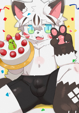 4_fingers anthro belly_blush biped black_bottomwear black_clothing black_nose black_shorts blue_eyes blush blush_lines body_blush border bottomwear brown_body brown_ear_tips brown_fur brown_highlights bulge cake claws clothed clothed_anthro clothed_male clothing confetti dessert detailed_bulge dipstick_ears ear_markings eyebrow_through_hair eyebrows feet finger_claws fingers food fur gesture glistening glistening_eyes gloves_(marking) green_eyes hair hand_gesture highlights_(coloring) holding_cake holding_food holding_object knee_blush leg_markings looking_at_viewer male male_anthro markings multicolored_body multicolored_ears multicolored_eyes multicolored_fur navel neck_tuft open_mouth open_smile outside_border pawpads pink_inner_ear pink_pawpads pointy_ears prick_ears red_markings shorts shorts_only simple_background sitting smile socks_(marking) solo tail teeth toe_claws toes topless topless_anthro topless_male translucent translucent_hair tuft two_tone_eyes v_sign white_body white_border white_eyebrows white_fur white_hair white_tail yellow_background young young_anthro young_male dinogaize canid canine mammal 2025 digital_media_(artwork) hi_res