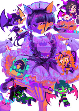 alternative_fashion ambiguous_gender anime_style black_eyes black_hair blue_body breasts chibi clothed clothing clown clown_nose dress eyebrows female floating_arms floating_head food fruit group hair hat headgear headwear holidays j-fashion lolita_(fashion) multicolored_body not_furry nurse_clothing nurse_lolita plant pumpkin simple_background smile split_color topwear two_tone_body white_body yellow_body usagimarumei ena:_dream_bbq ena_(series) ena_(web_series) halloween ena_(dream_bbq) ena_(joel_g) green_ena hourglass_dog_(ena) mezo_(usagimarumei) canid canine canis domestic_dog ena_(species) humanoid lagomorph leporid mammal rabbit crossover digital_media_(artwork) hi_res